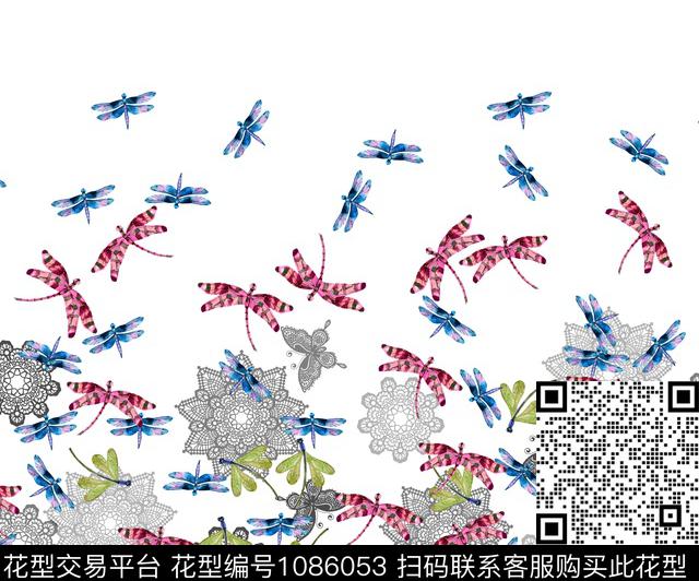 180621蜻蜓回路白色.jpg - 1086053 - 昆虫 蜻蜓 欧美 - 数码印花花型 － 女装花型设计 － 瓦栏