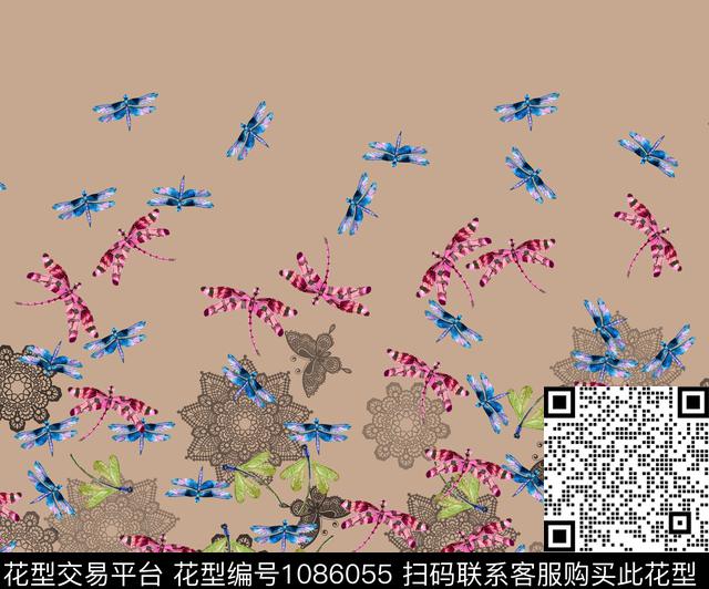 180621蜻蜓回路裸色.jpg - 1086055 - 昆虫 蜻蜓 欧美 - 数码印花花型 － 女装花型设计 － 瓦栏