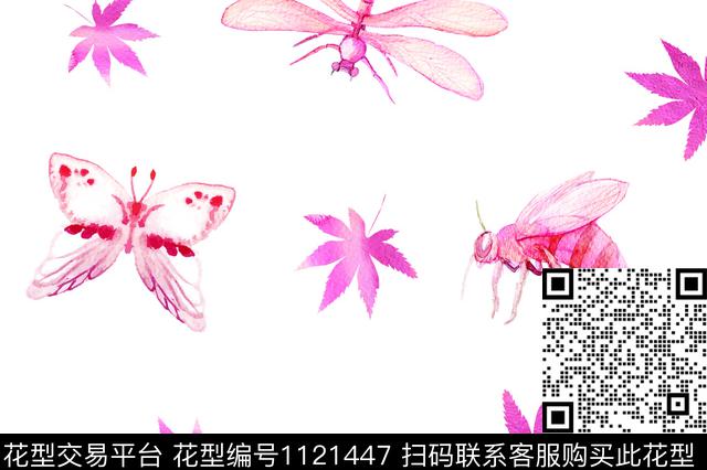 18091701.jpg - 1121447 - 蜻蜓 水彩 绿植树叶 - 数码印花花型 － 女装花型设计 － 瓦栏