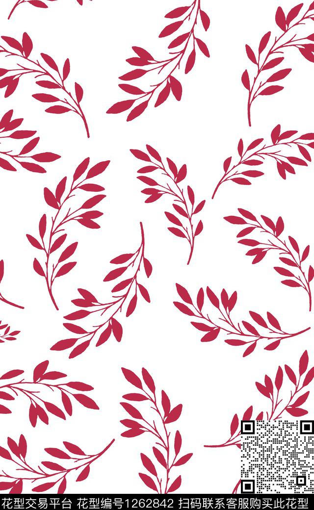 小花.jpg - 1262842 - 简约 红花 绿植树叶 - 传统印花花型 － 窗帘花型设计 － 瓦栏