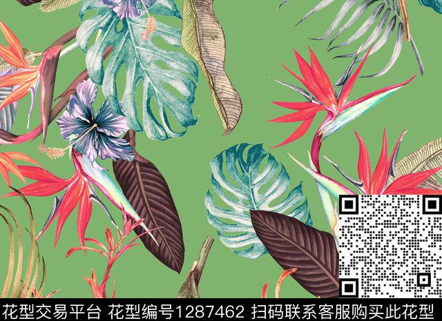 191226天堂鸟绿.jpg - 1287462 - 花卉 热带花型 泳装 - 数码印花花型 － 泳装花型设计 － 瓦栏