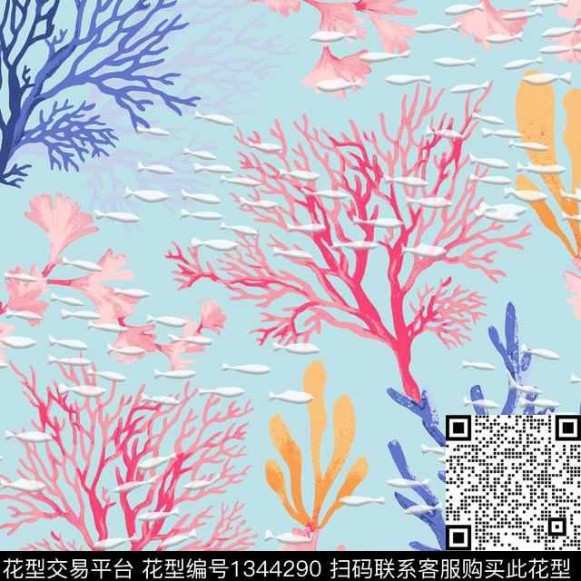 珊瑚-OK.tif - 1344290 - 鲨鱼 珊瑚 海洋 - 数码印花花型 － 女装花型设计 － 瓦栏