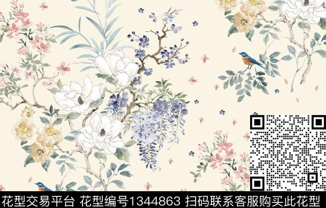 花鸟-ok.jpg - 1344863 - 花鸟 清爽底花卉 花卉 - 数码印花花型 － 床品花型设计 － 瓦栏