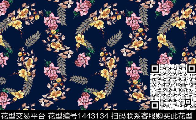 guan880 二方连续.jpg - 1443134 - 水彩 花卉 老蓝底 - 数码印花花型 － 女装花型设计 － 瓦栏