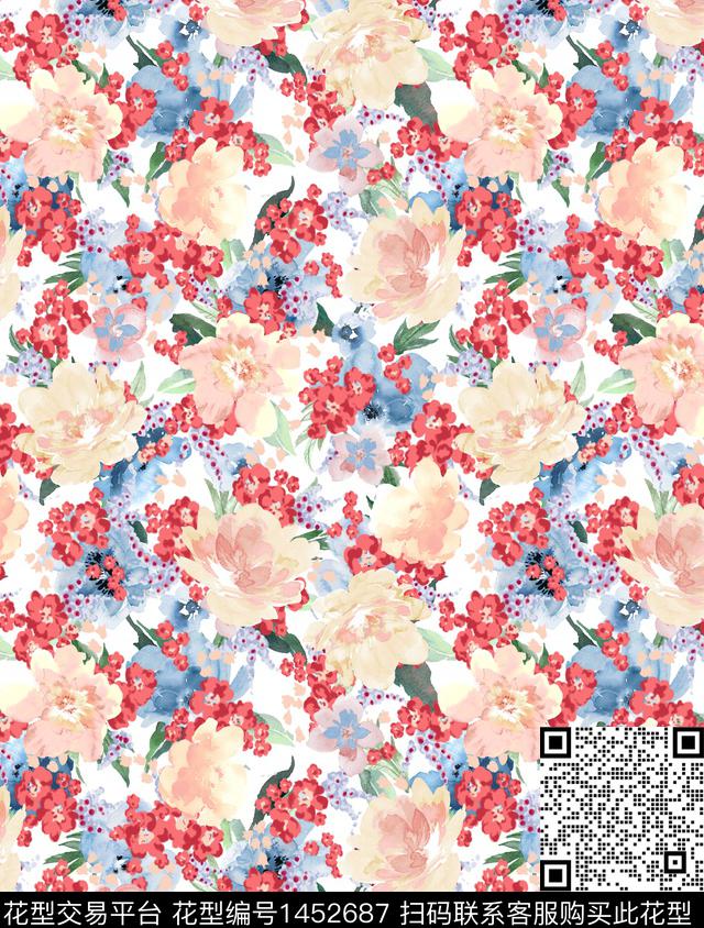 水彩大小花叠加2.jpg - 1452687 - 水彩花卉 手绘大花 叶片 - 数码印花花型 － 女装花型设计 － 瓦栏