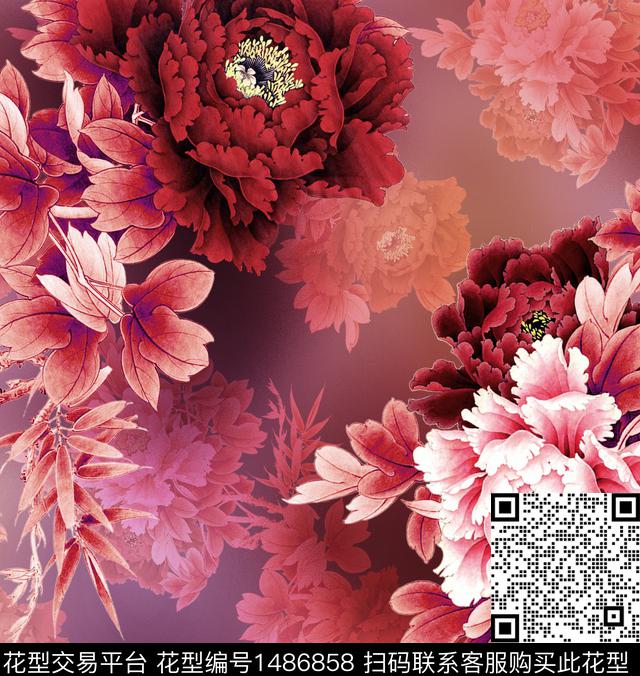 R1704156.jpg - 1486858 - 玉兰花 香云纱 旗袍 - 数码印花花型 － 女装花型设计 － 瓦栏