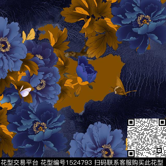 R2212138A.jpg - 1524793 - 旗袍 香云纱 牡丹 - 数码印花花型 － 女装花型设计 － 瓦栏