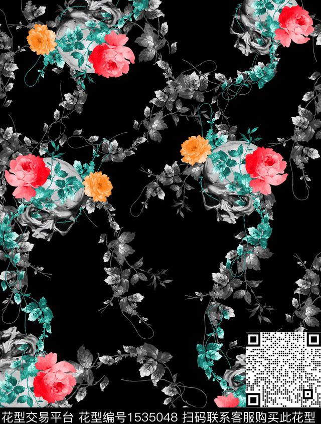 23-0412-005.jpg - 1535048 - 花卉 骷髅 - 数码印花花型 － 男装花型设计 － 瓦栏