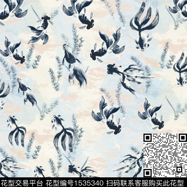 230415方巾.jpg - 1535340 - 中国风 金鱼 方巾 - 数码印花花型 － 方巾花型设计 － 瓦栏
