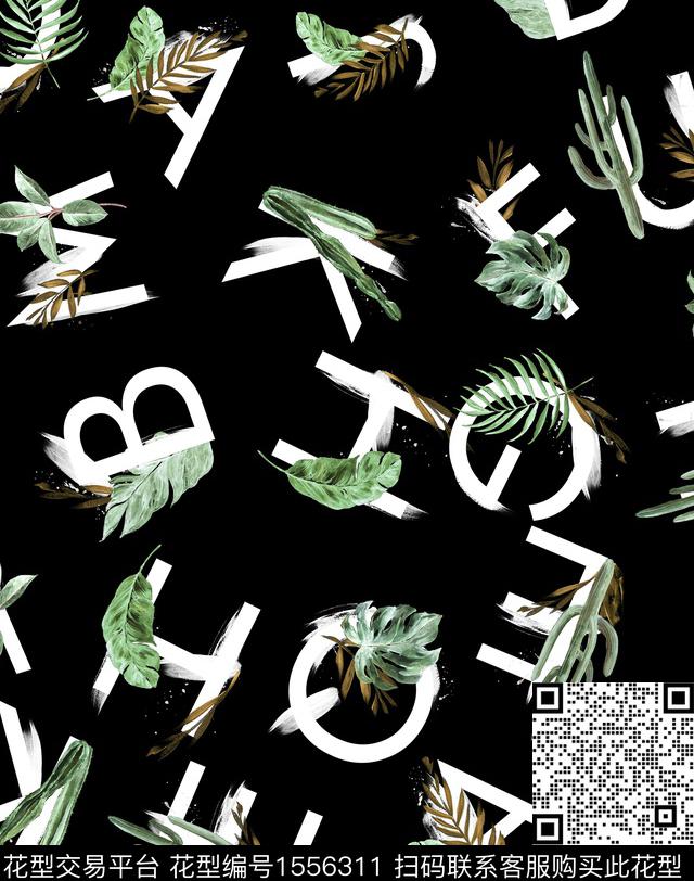 R1904068.jpg - 1556311 - 字母 绿植树叶 ；tropical - 数码印花花型 － 男装花型设计 － 瓦栏