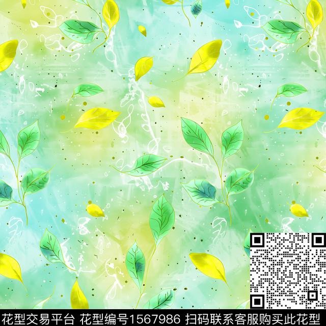 C-I-41012.jpg - 1567986 - 底纹 水彩 绿植树叶 - 数码印花花型 － 女装花型设计 － 瓦栏