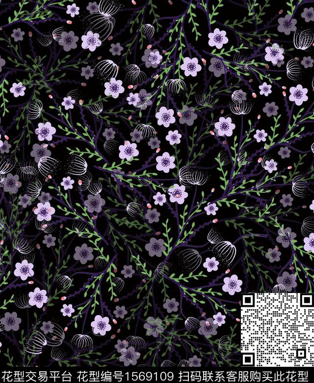 048-3.jpg - 1569109 - 花卉 黑底花卉 小碎花 - 数码印花花型 － 女装花型设计 － 瓦栏