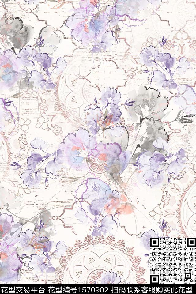 WC03248.jpg - 1570902 - 花卉 水彩花卉 民族纹样 - 数码印花花型 － 女装花型设计 － 瓦栏