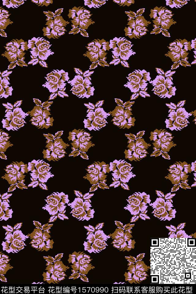 花花草草.jpg - 1570990 - 花卉 平面花卉 黑底花卉 - 数码印花花型 － 女装花型设计 － 瓦栏
