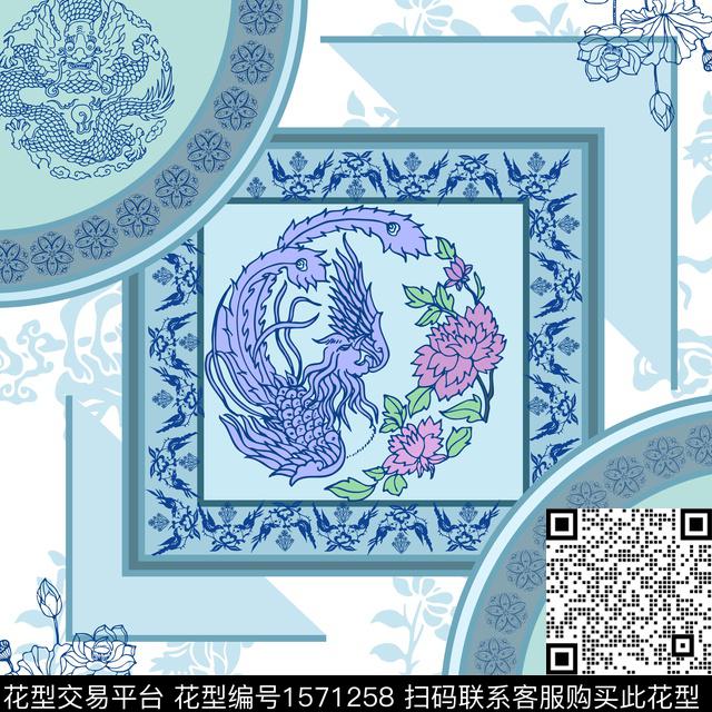 丝巾蓝.jpg - 1571258 - 青花瓷 中国 围巾 - 传统印花花型 － 方巾花型设计 － 瓦栏