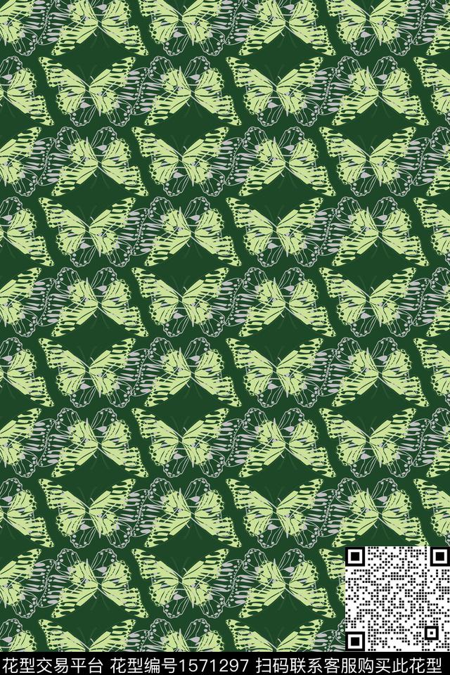 翩翩起舞.jpg - 1571297 - 绿色 昆虫 蝴蝶 - 数码印花花型 － 男装花型设计 － 瓦栏