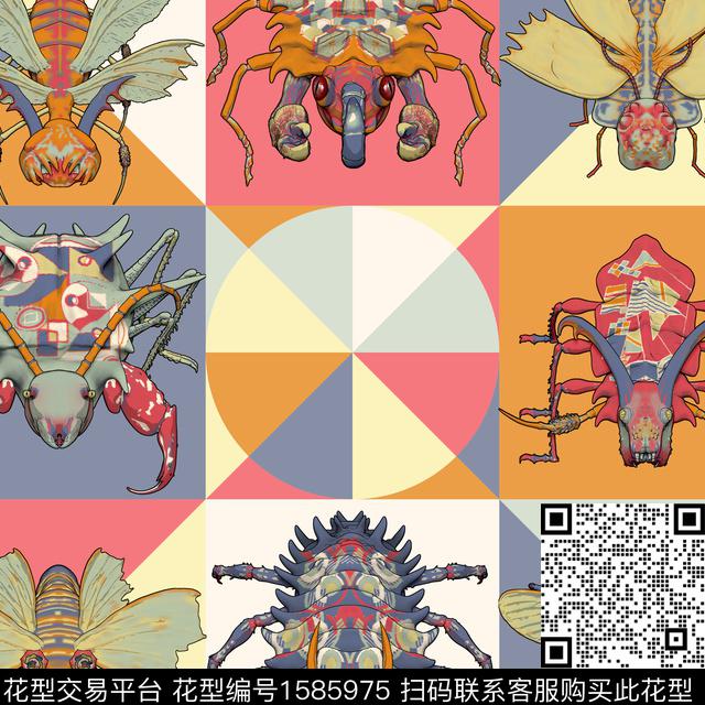 WaLan-Insect[Pattern].jpg - 1585975 - 格子 几何 昆虫 - 数码印花花型 － 方巾花型设计 － 瓦栏