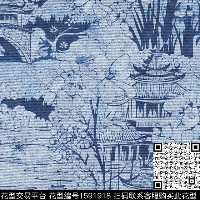 ZYT0131.jpg - 1591918 - 牛仔纹理 亭台楼阁 线描工笔画 - 数码印花花型 － 女装花型设计 － 瓦栏