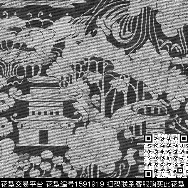 ZYT0132.jpg - 1591919 - 牛仔纹理 亭台楼阁 线描工笔画 - 数码印花花型 － 女装花型设计 － 瓦栏