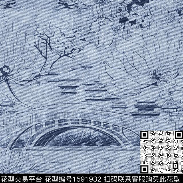 ZYT0145.jpg - 1591932 - 牛仔纹理 亭台楼阁 线条花卉 - 数码印花花型 － 女装花型设计 － 瓦栏