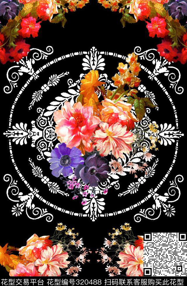 古典欧洲纹样对称花卉 - 320488 - 花卉 - 数码印花花型 － 女装花型设计 － 瓦栏