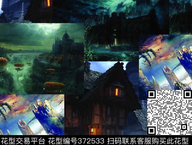 M2720 - 372533 - 魔幻城堡  照片拼贴 照片景观 - 数码印花花型 － 女装花型设计 － 瓦栏