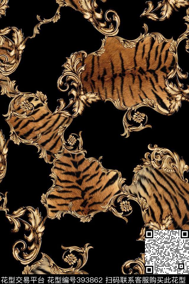 欧式花纹动物纹（下载过1次） - 393862 - 豹纹 黑底 欧式花纹 - 数码印花花型 － 女装花型设计 － 瓦栏