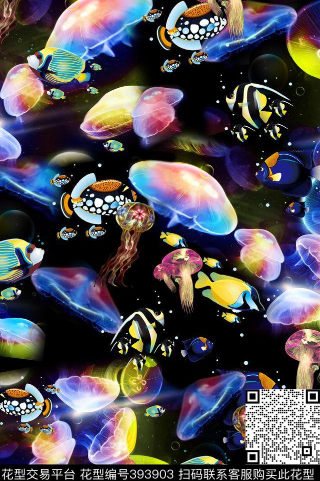 海底世界水母海洋鱼类 - 393903 - 时尚 水母 鱼类 - 数码印花花型 － 女装花型设计 － 瓦栏