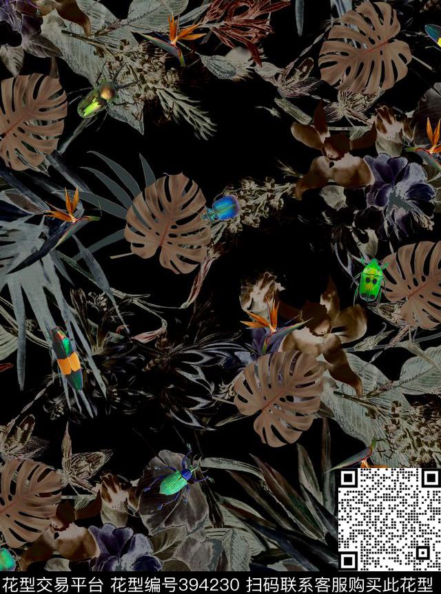 热带非洲暗底花卉昆虫天堂鸟棕榈叶男装壁纸 - 394230 - 热带 非洲 昆虫 - 数码印花花型 － 男装花型设计 － 瓦栏