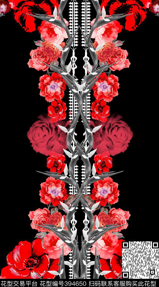 欧式 高级 数码 定位 对称 天堂鸟荆棘 大红色花卉 开衫 外套 面料 - 394650 - 潮流 定位 对称 - 数码印花花型 － 女装花型设计 － 瓦栏