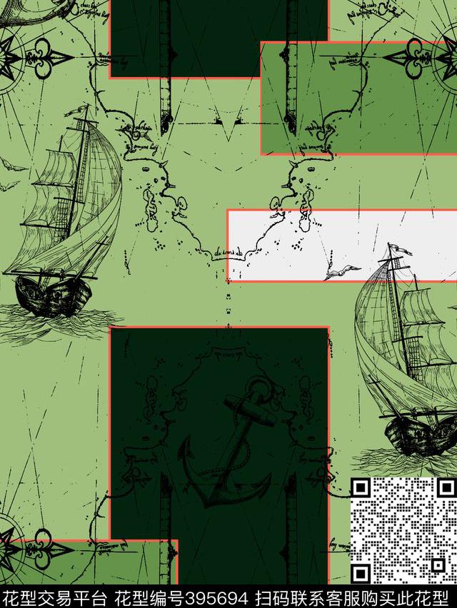 航线图 沙发花型 五色系 - 395694 - 复古 色块 帆船 航海 - 传统印花花型 － 床品花型设计 － 瓦栏