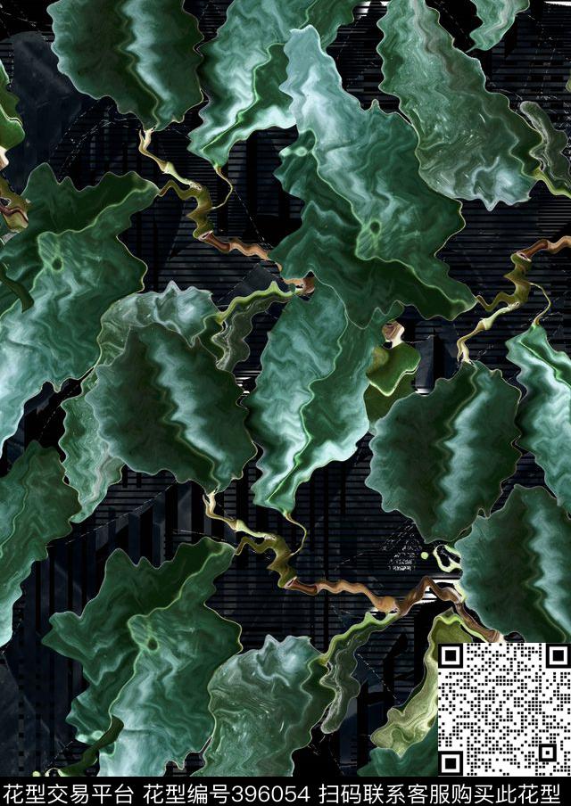 复古抽象绿叶水纹动感潮流植物复古男装外套夹克花型 - 396054 - 抽象 复古 夹克花型 - 数码印花花型 － 女装花型设计 － 瓦栏