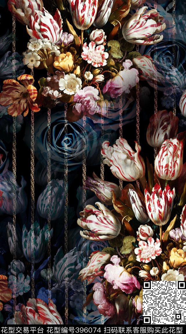 欧式 低调奢华 油画花卉 金属锁链 服装 - 396074 - 低调奢华 油画 花卉 - 数码印花花型 － 女装花型设计 － 瓦栏
