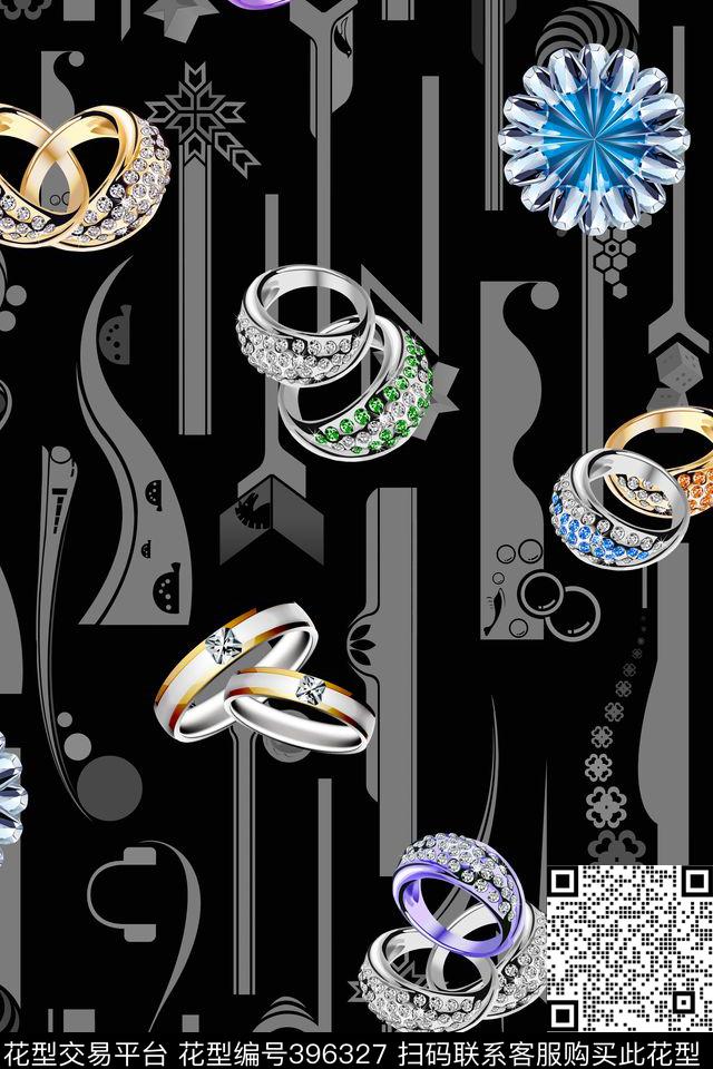 黑底白条钻石彩色夜光戒指 - 396327 - 休闲 白条钻石 波点格子花 - 数码印花花型 － 女装花型设计 － 瓦栏