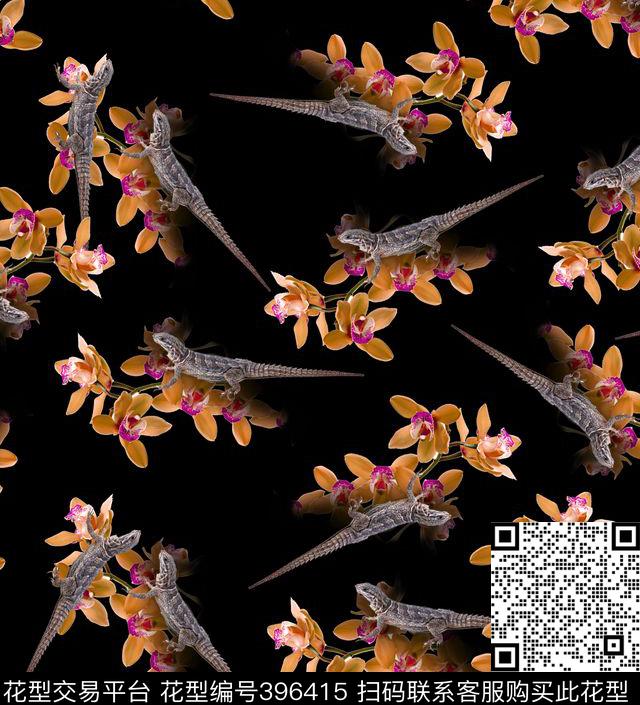 创意复古黑底变色龙爬行动物花卉 - 396415 - 创意复古黑底变色龙爬行动物花卉 - 数码印花花型 － 女装花型设计 － 瓦栏
