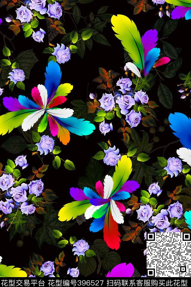 黑系彩色羽毛紫色花贲 - 396527 - 时尚流行 羽毛紫色花 个性休闲 - 数码印花花型 － 女装花型设计 － 瓦栏