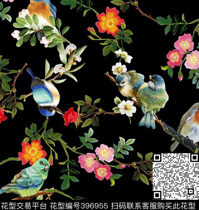 宫廷风刺绣花鸟设计 - 396955 - 花卉 鸟 刺绣 数码印花 花卉 - 数码印花花型 － 女装花型设计 － 瓦栏
