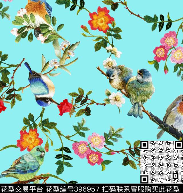 宫廷风刺绣花鸟设计 - 396957 - 数码印花 花卉 鸟 刺绣 花卉 - 数码印花花型 － 女装花型设计 － 瓦栏