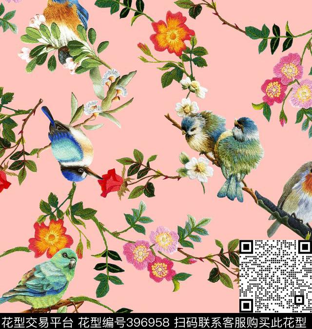 宫廷风刺绣花鸟设计 - 396958 - 数码印花 花卉 鸟 刺绣 花卉 - 数码印花花型 － 女装花型设计 － 瓦栏