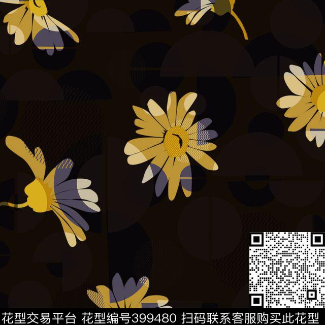 未来花卉 - 399480 - 菊花 未来 斑点 - 传统印花花型 － 女装花型设计 － 瓦栏