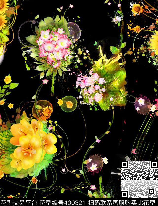 时尚数码定位花型 - 400321 - 抽象 手绘花卉 - 数码印花花型 － 女装花型设计 － 瓦栏