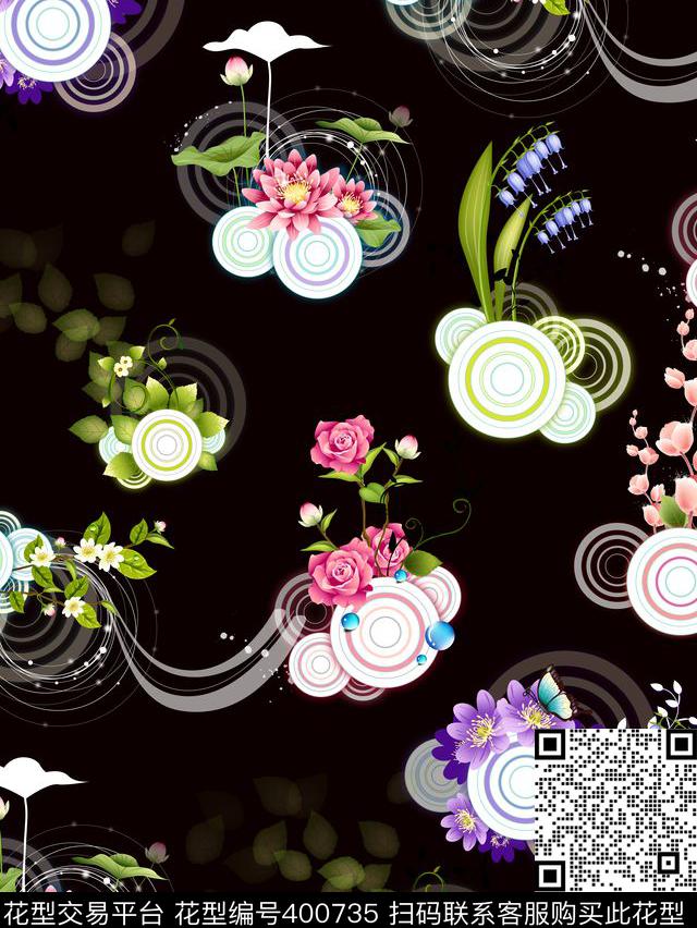 黑底圆圈花卉 - 400735 - 时尚流行 圆圈花卉 - 数码印花花型 － 女装花型设计 － 瓦栏