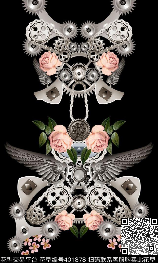 机械齿轮花卉 - 401878 - 黑底 花卉 机械齿轮 - 数码印花花型 － 女装花型设计 － 瓦栏