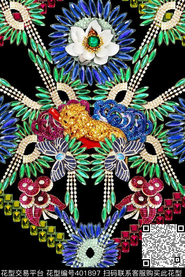 珠宝宝石植物花卉动物珠宝对称半身裙定位花型 - 401897 - 珠宝宝石 植物 花卉 - 数码印花花型 － 女装花型设计 － 瓦栏