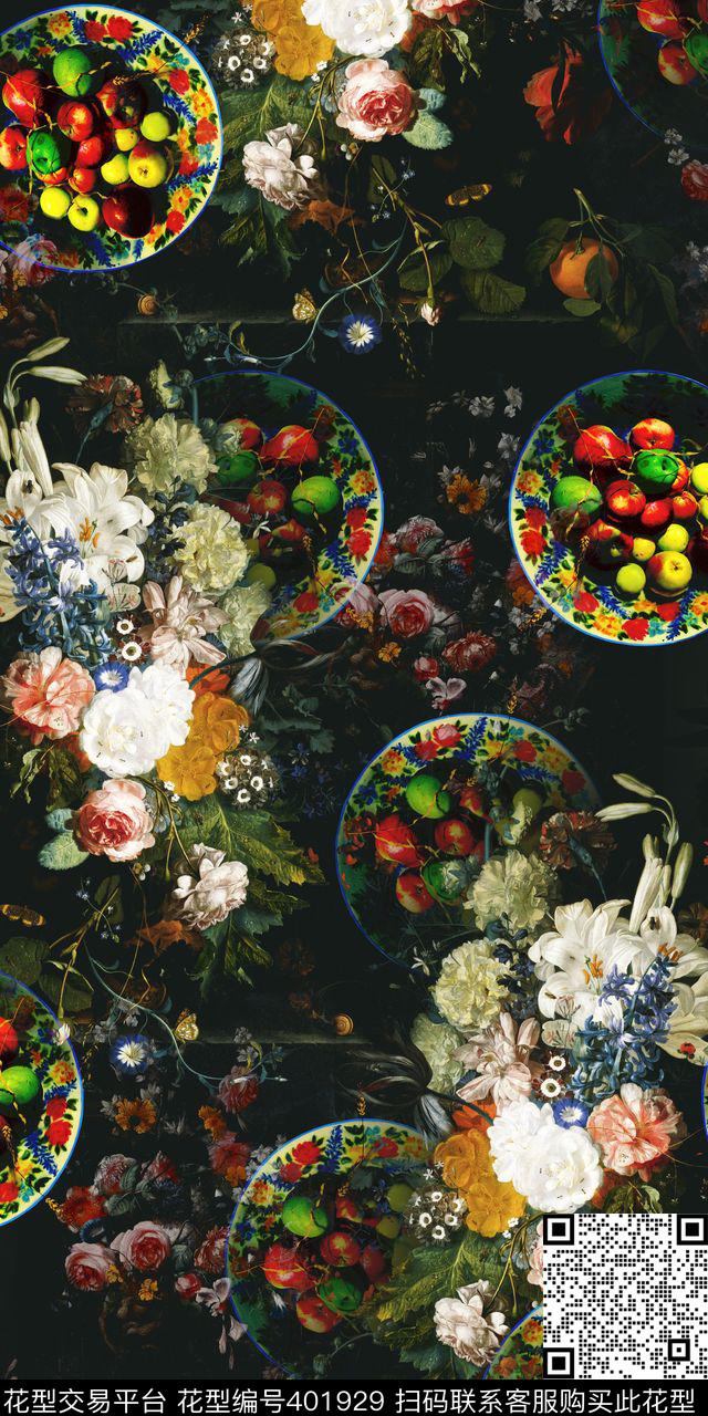 油画花卉组合 水果 服装 - 401929 - 油画 花卉 组合 - 数码印花花型 － 女装花型设计 － 瓦栏