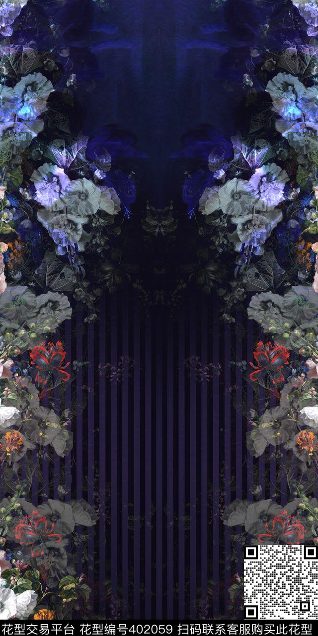 定位暗色系花卉组合 线条 服装 - 402059 - 定位 暗色系 花卉组合 - 数码印花花型 － 女装花型设计 － 瓦栏