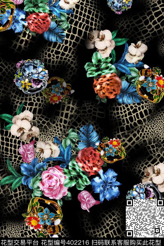 仿真动物纹花卉 - 402216 - 仿动物纹 油画花 珠宝花 - 数码印花花型 － 女装花型设计 － 瓦栏