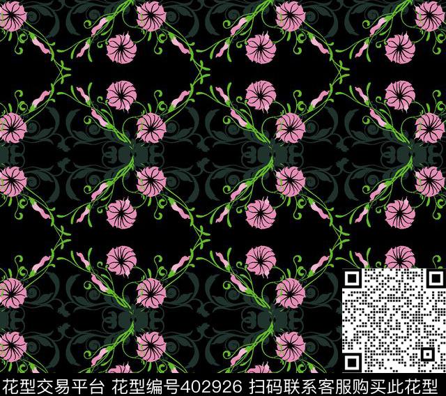 花组几何 - 402926 - 抽象 花 几何 - 传统印花花型 － 女装花型设计 － 瓦栏
