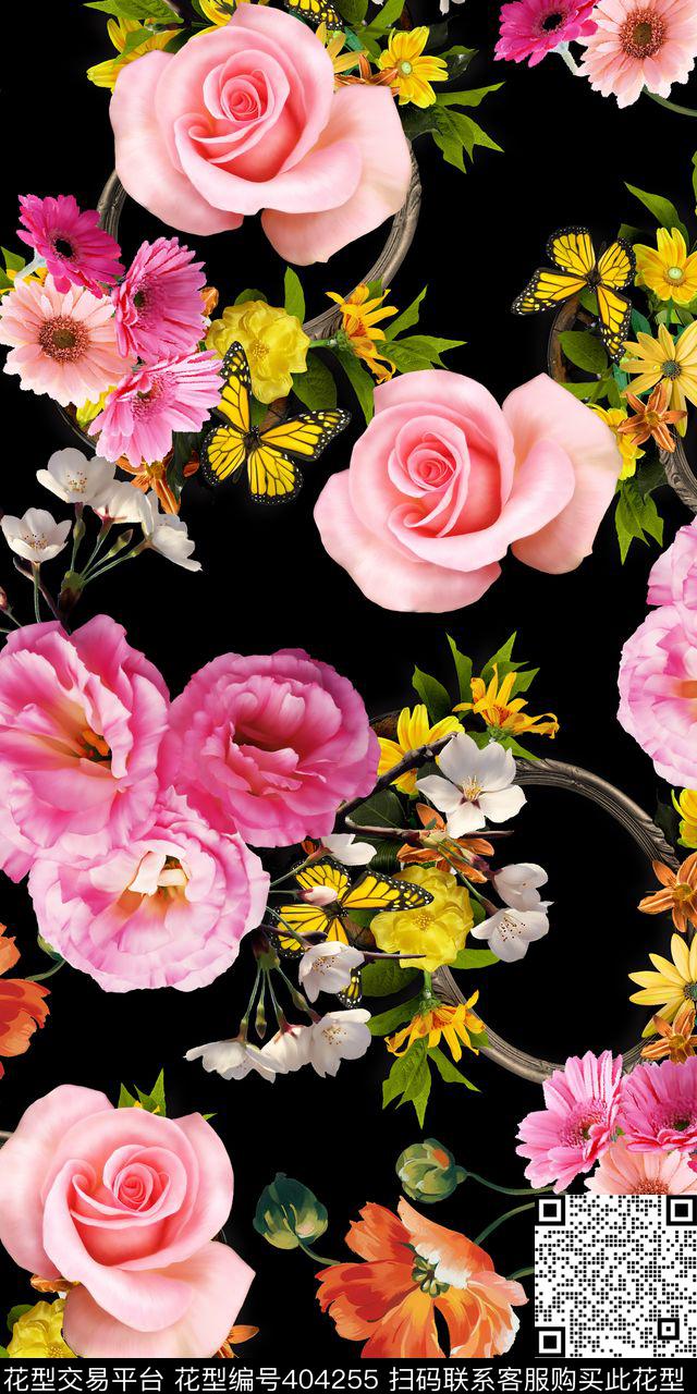 时尚大气黑底相框花卉结合 - 404255 - 时尚大气 黑底相框 蝴蝶 - 数码印花花型 － 女装花型设计 － 瓦栏