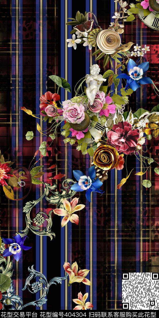  线条欧式花卉 - 404304 - 几何线条 复古欧式花 格子花纹 - 数码印花花型 － 女装花型设计 － 瓦栏